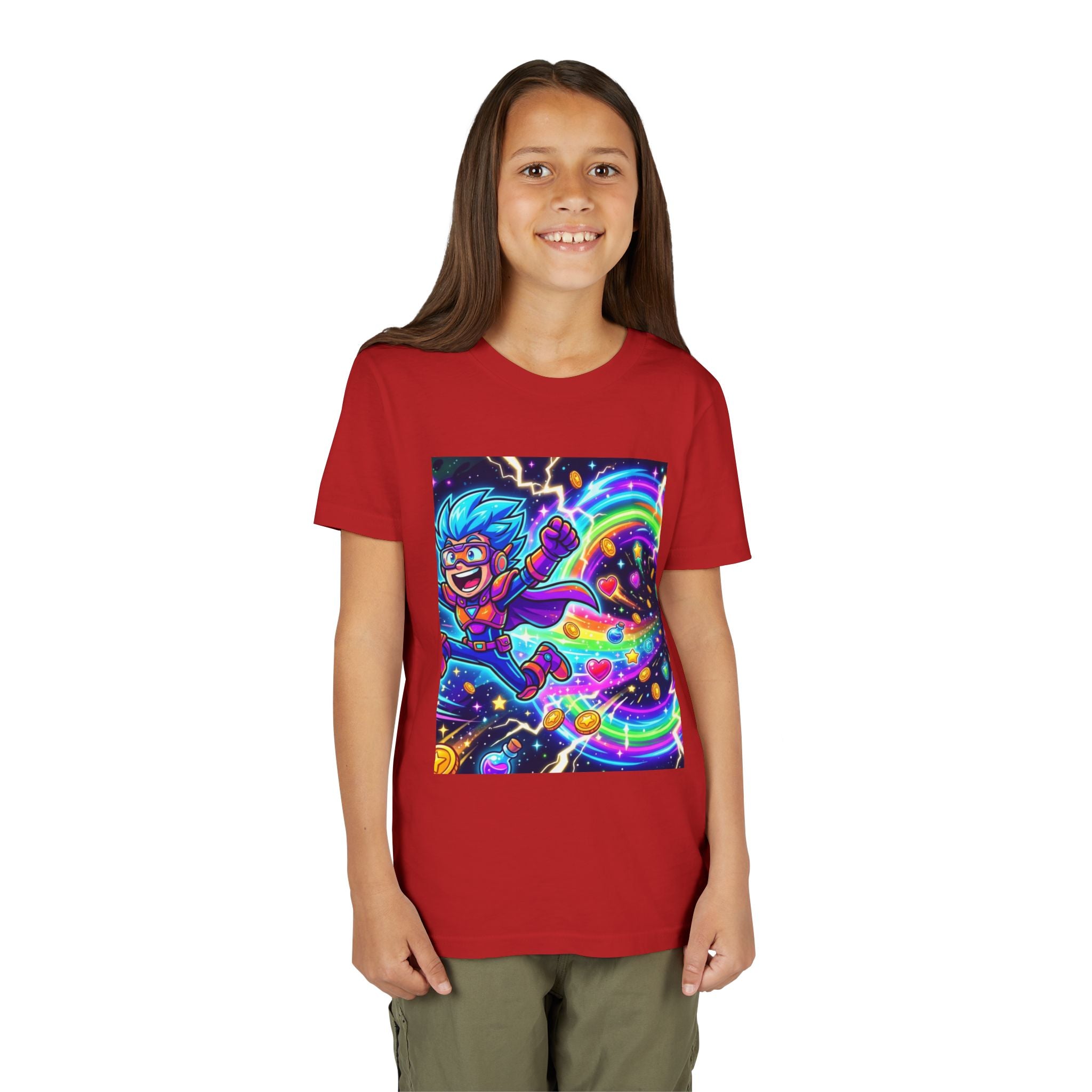 Retro Pixel Explosion Youth Tee — Smiling Avatar, Hearts, Gems & Controllers