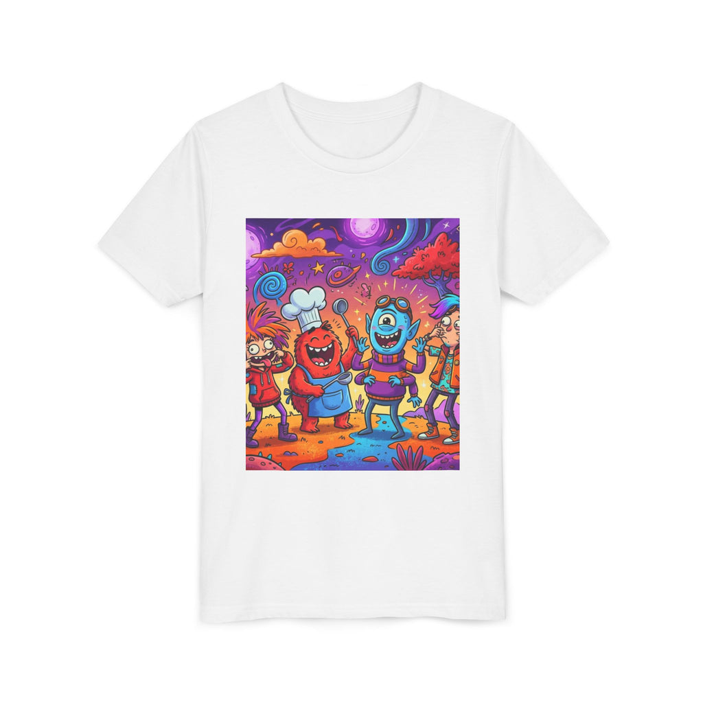 Funny Character Crew Youth Tee — Colorful Crazy Faces Graphic