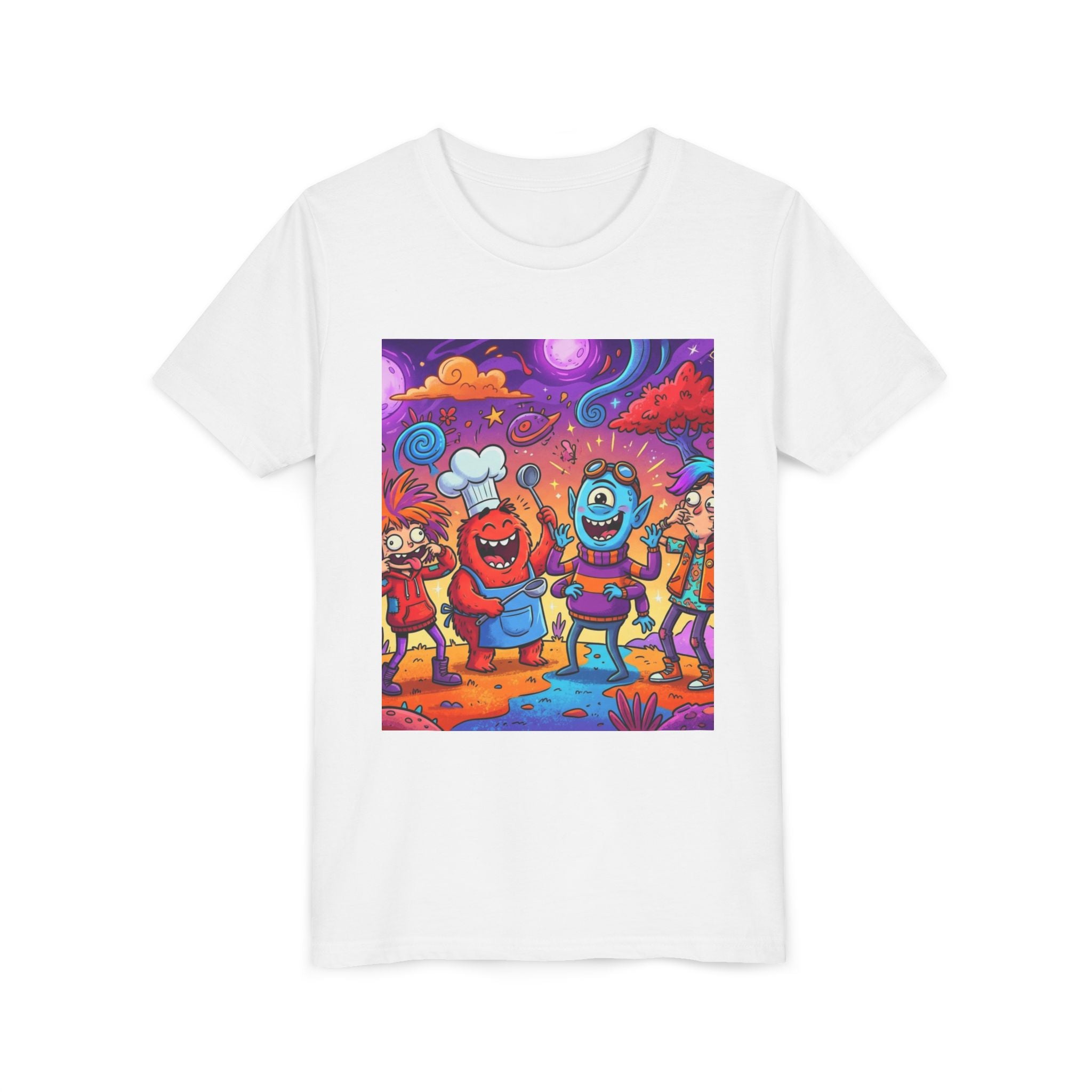 Funny Character Crew Youth Tee — Colorful Crazy Faces Graphic