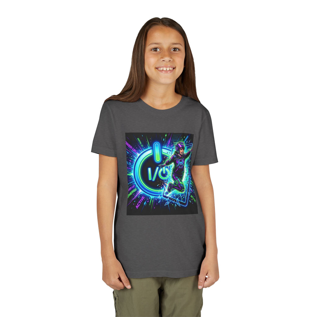 Neon Power Button Tee — Gamer Screen Escape Youth T-Shirt