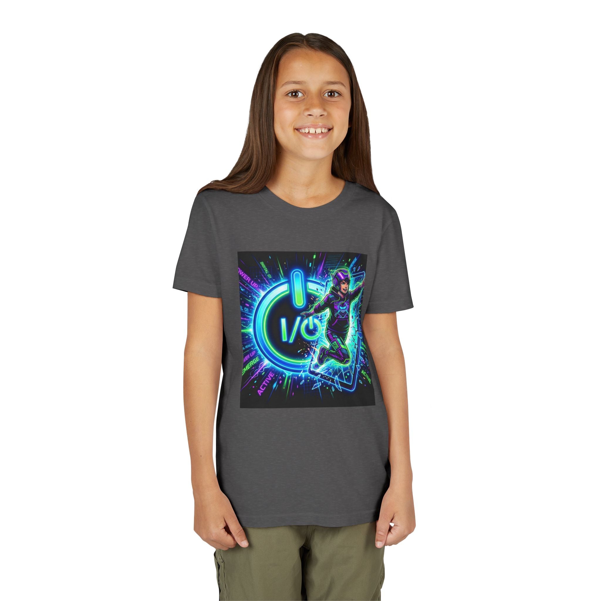 Neon Power Button Tee — Gamer Screen Escape Youth T-Shirt