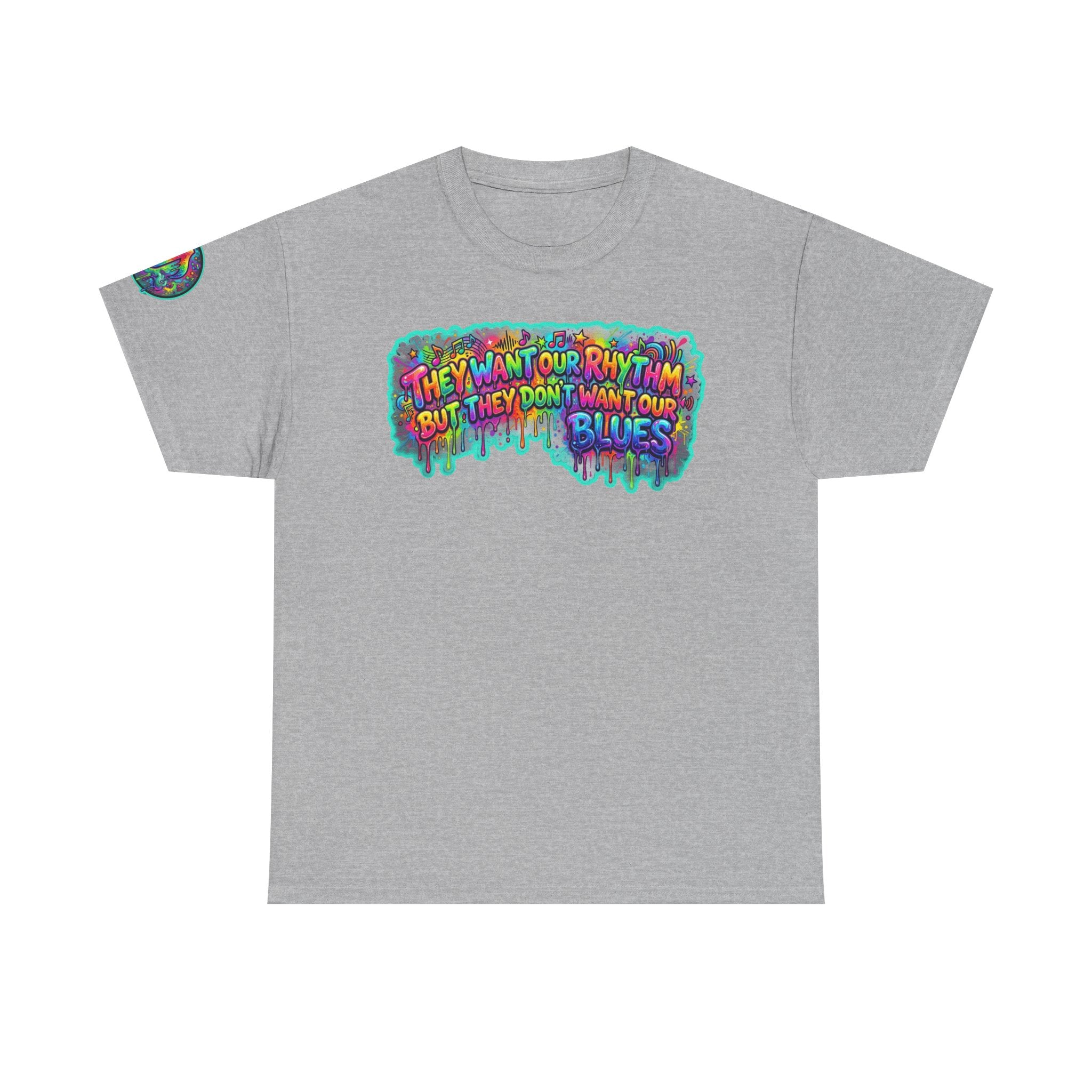 Music Vibes Tee — “They Want Our Rhythm But They Don’t Want Our Blues” Psychedelic Drip Note T-Shirt