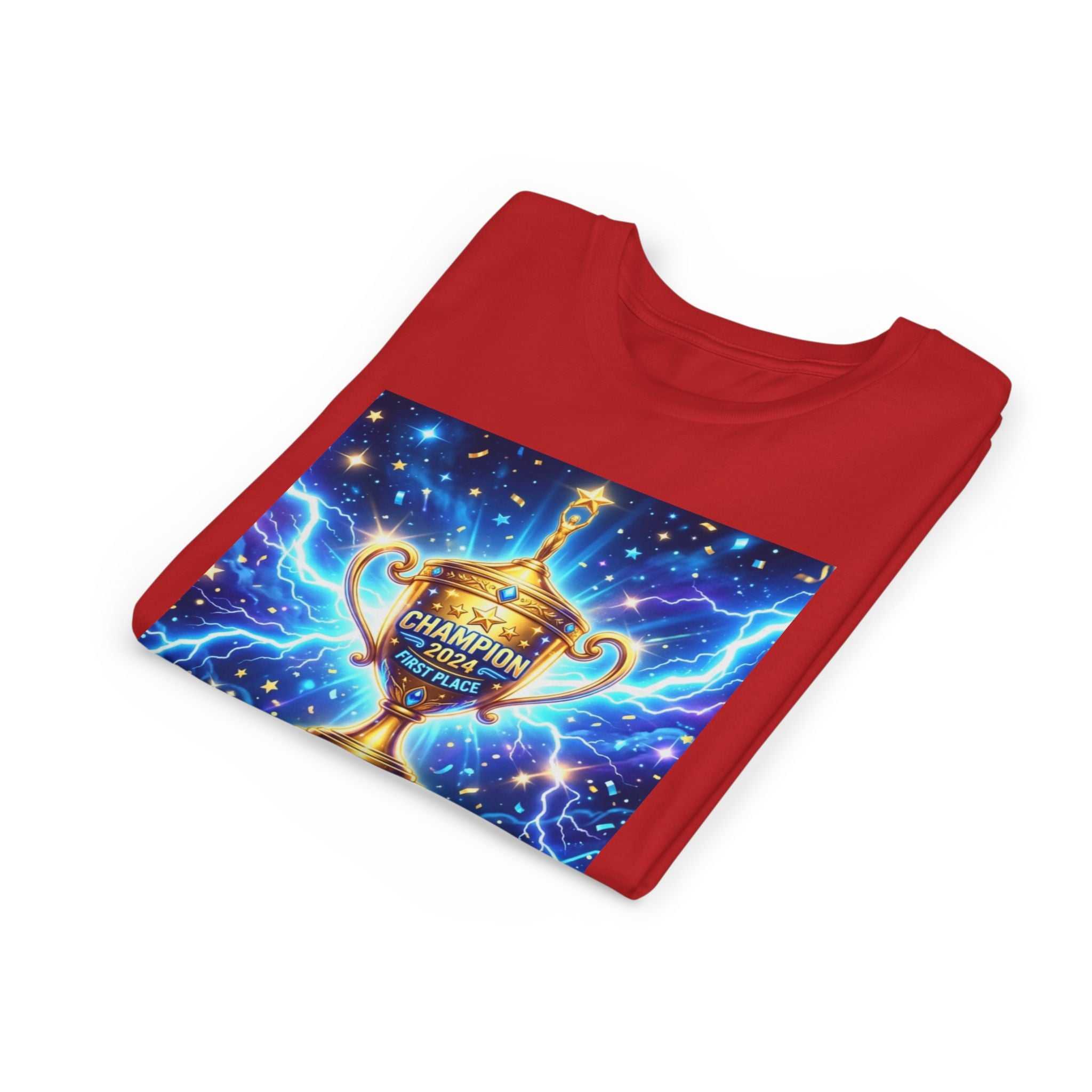 Youth Trophy Lightning Tee — Winning Kids' Short Sleeve Shirt with Stars & Confetti