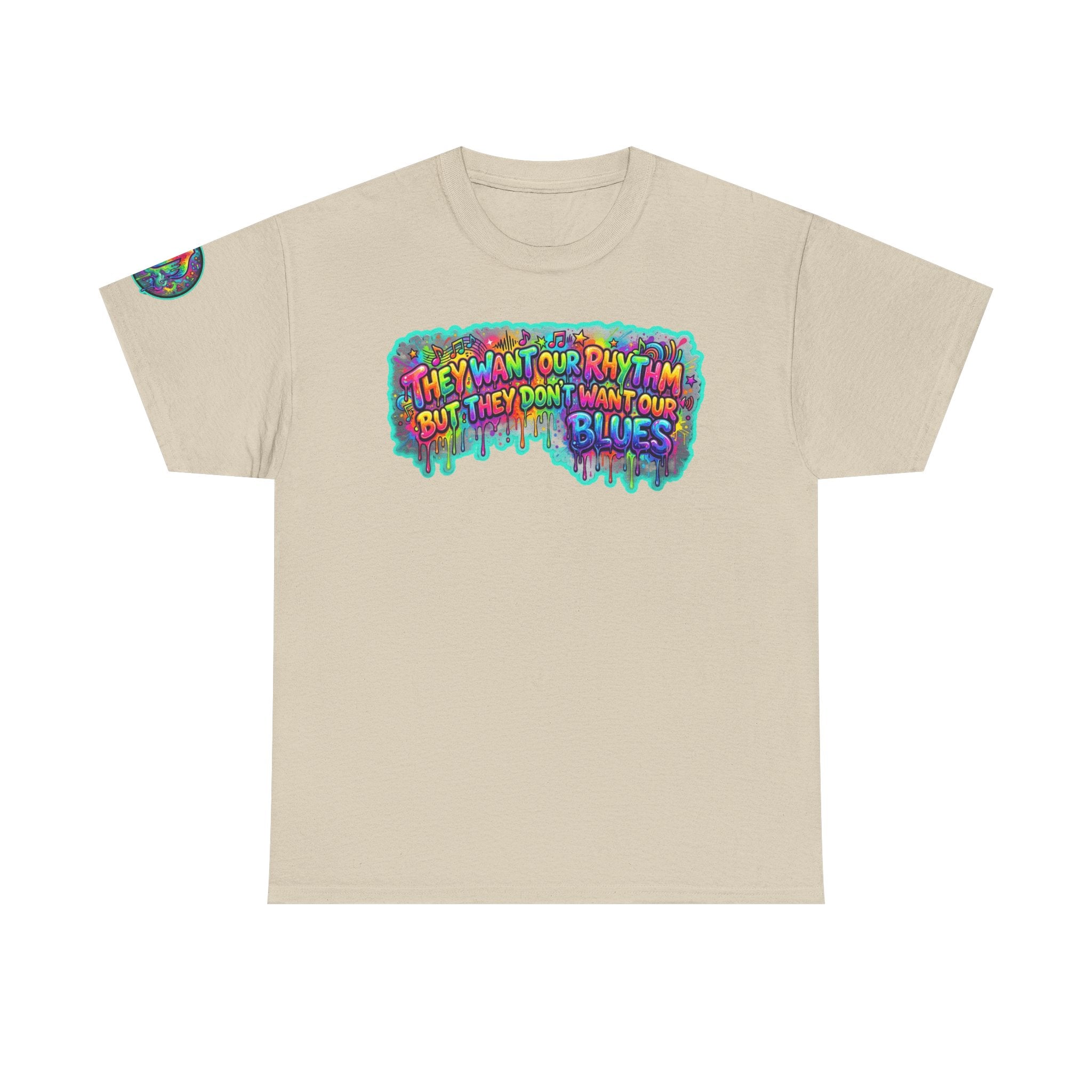 Music Vibes Tee — “They Want Our Rhythm But They Don’t Want Our Blues” Psychedelic Drip Note T-Shirt