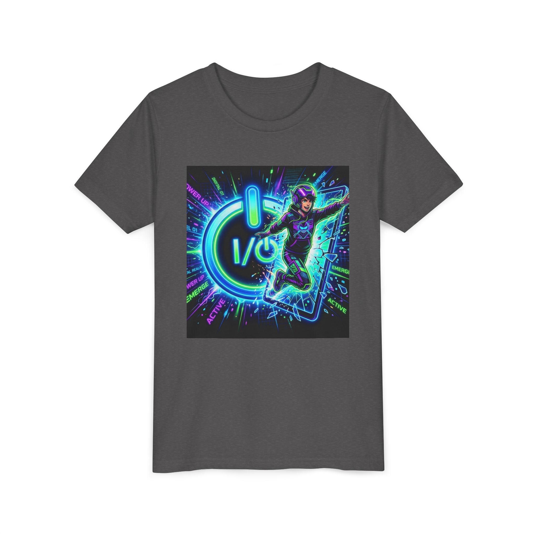 Neon Power Button Tee — Gamer Screen Escape Youth T-Shirt