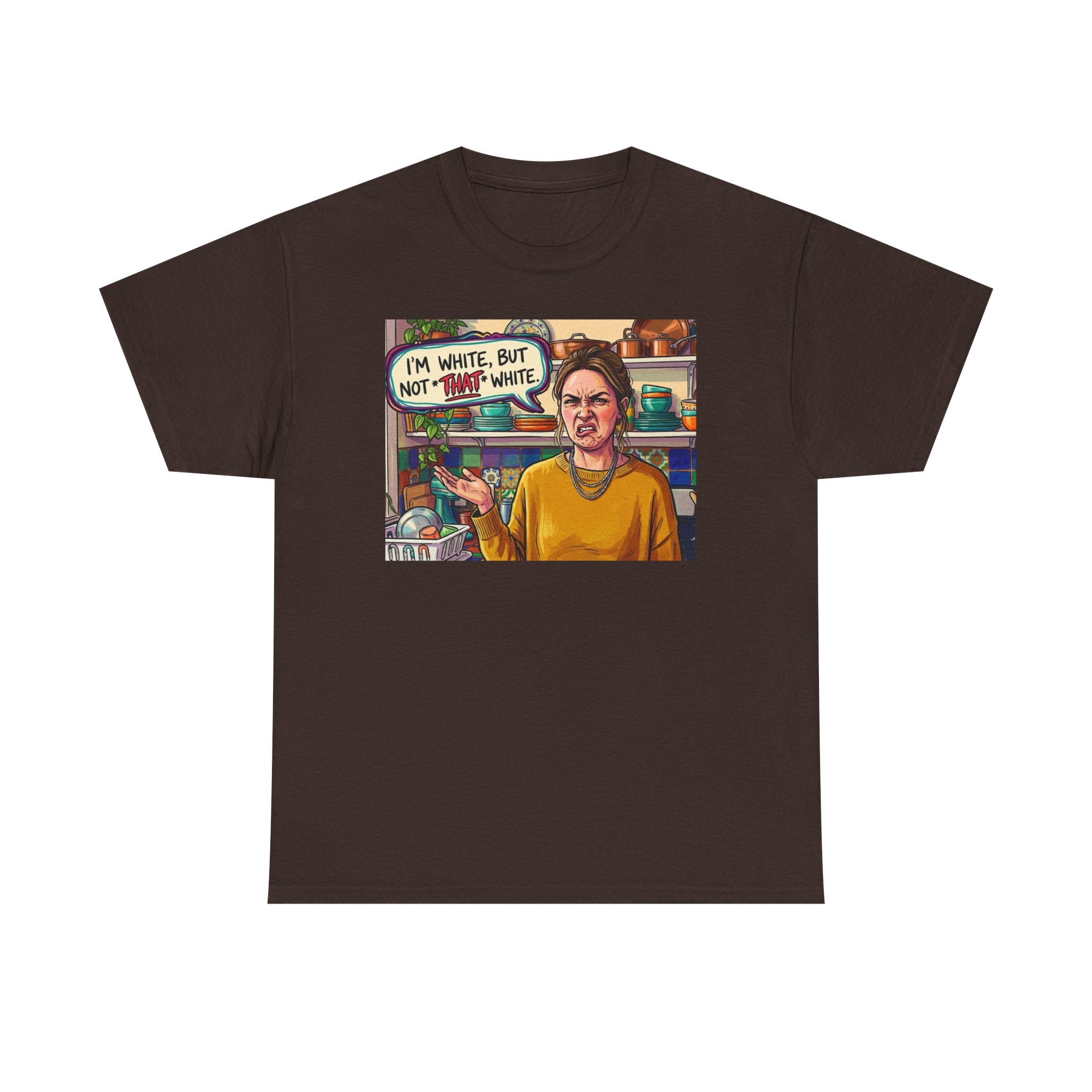 Graphic Tee — "I'm White, But Not THAT White" Illustration with Back Raised Fist Logo