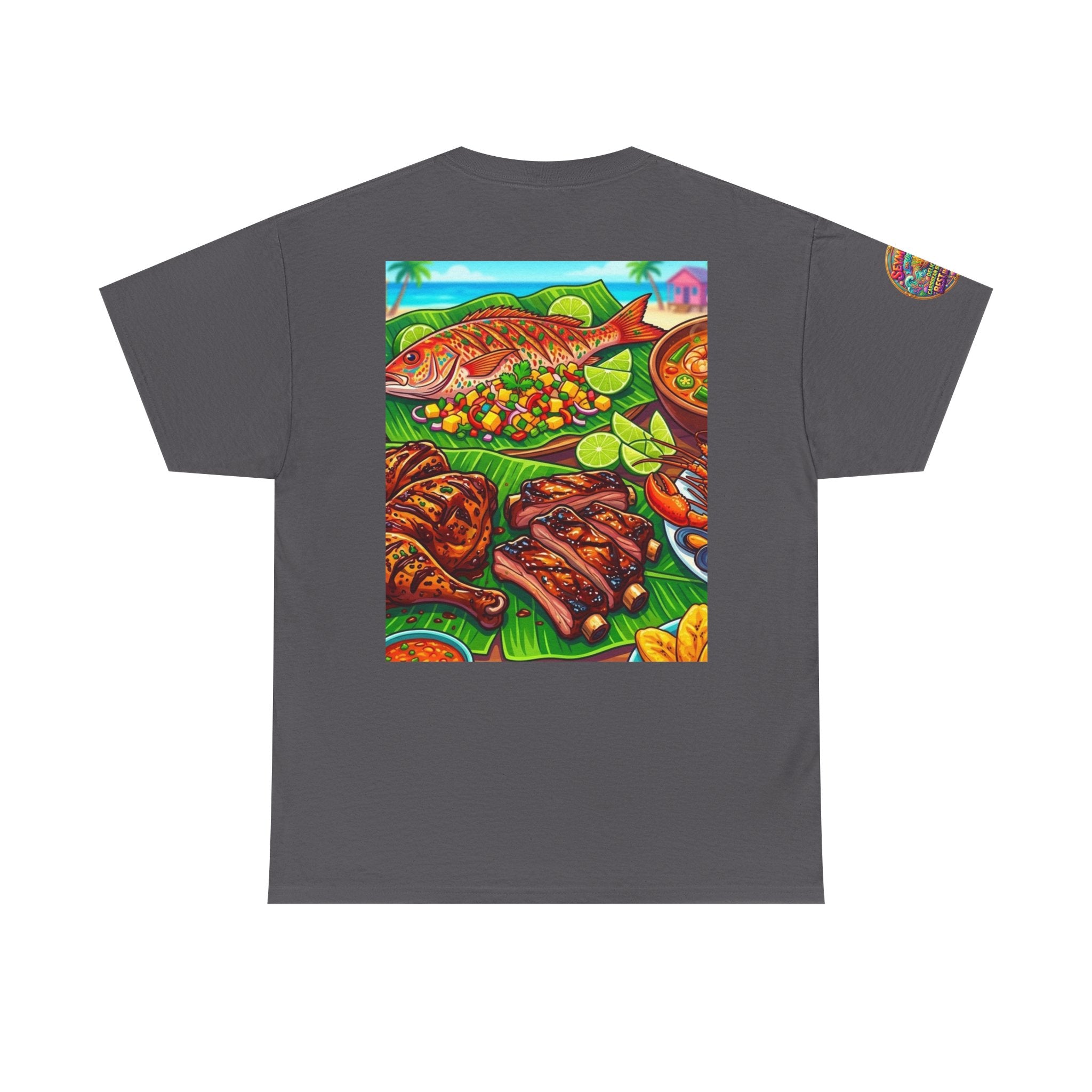 Caribbean BBQ & Seafood Tee — “Seymour’s” Vibrant Island Food Graphic T-Shirt