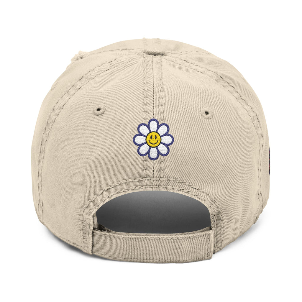 Distressed Embroidered Dad Hat — Retro Rainbow Fist & Smiley Daisy Cap
