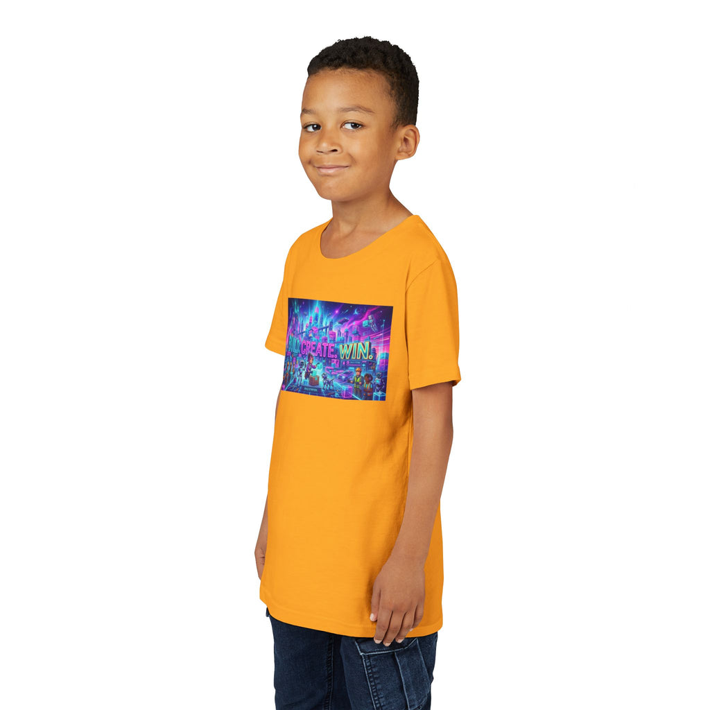 Youth Tee — “BUILD. CREATE. WIN.” Neon Builder City Design