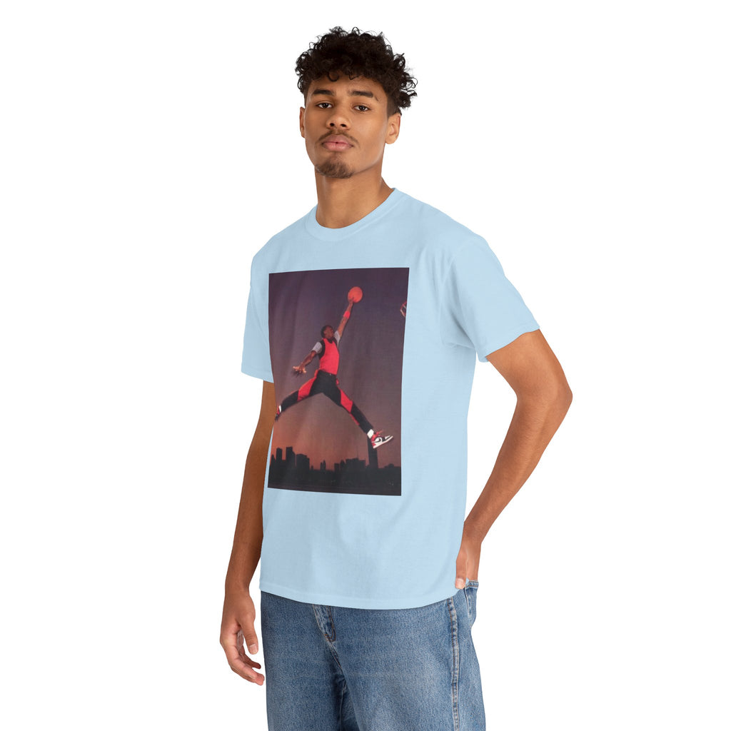 Basketball Jumpman Tee — Retro Skyline Graphic T-Shirt with Red Fist Back Emblem