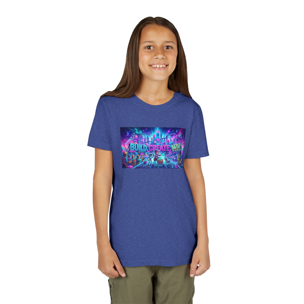 Youth Tee — “BUILD. CREATE. WIN.” Neon Builder City Design