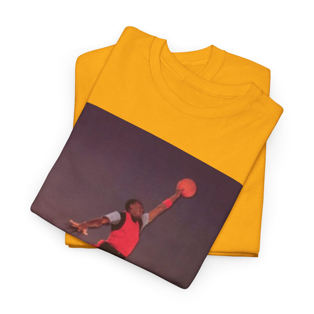 Basketball Jumpman Tee — Retro Skyline Graphic T-Shirt with Red Fist Back Emblem