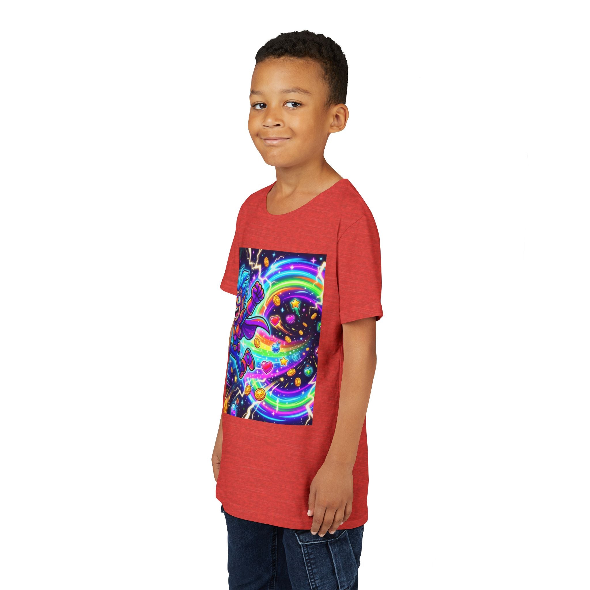 Retro Pixel Explosion Youth Tee — Smiling Avatar, Hearts, Gems & Controllers