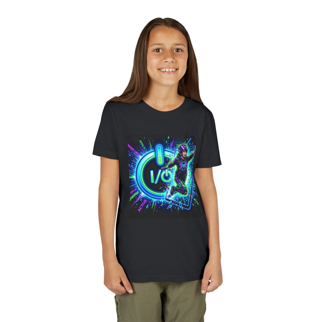 Neon Power Button Tee — Gamer Screen Escape Youth T-Shirt