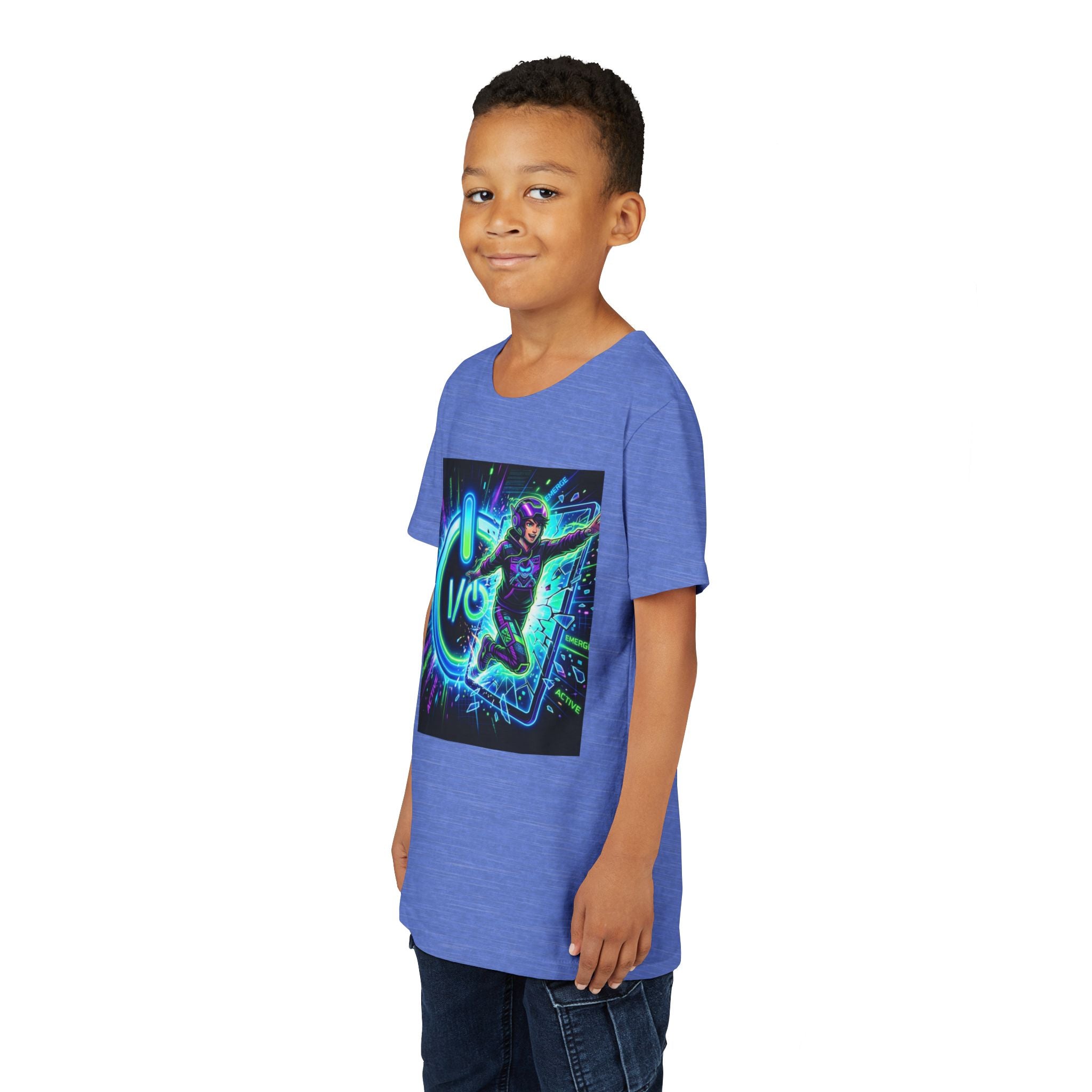 Neon Power Button Tee — Gamer Screen Escape Youth T-Shirt