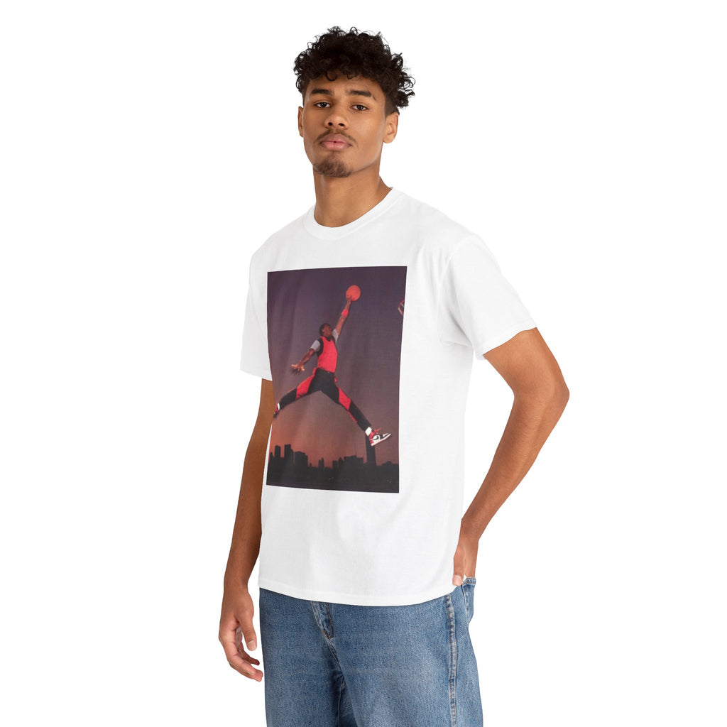 Basketball Jumpman Tee — Retro Skyline Graphic T-Shirt with Red Fist Back Emblem