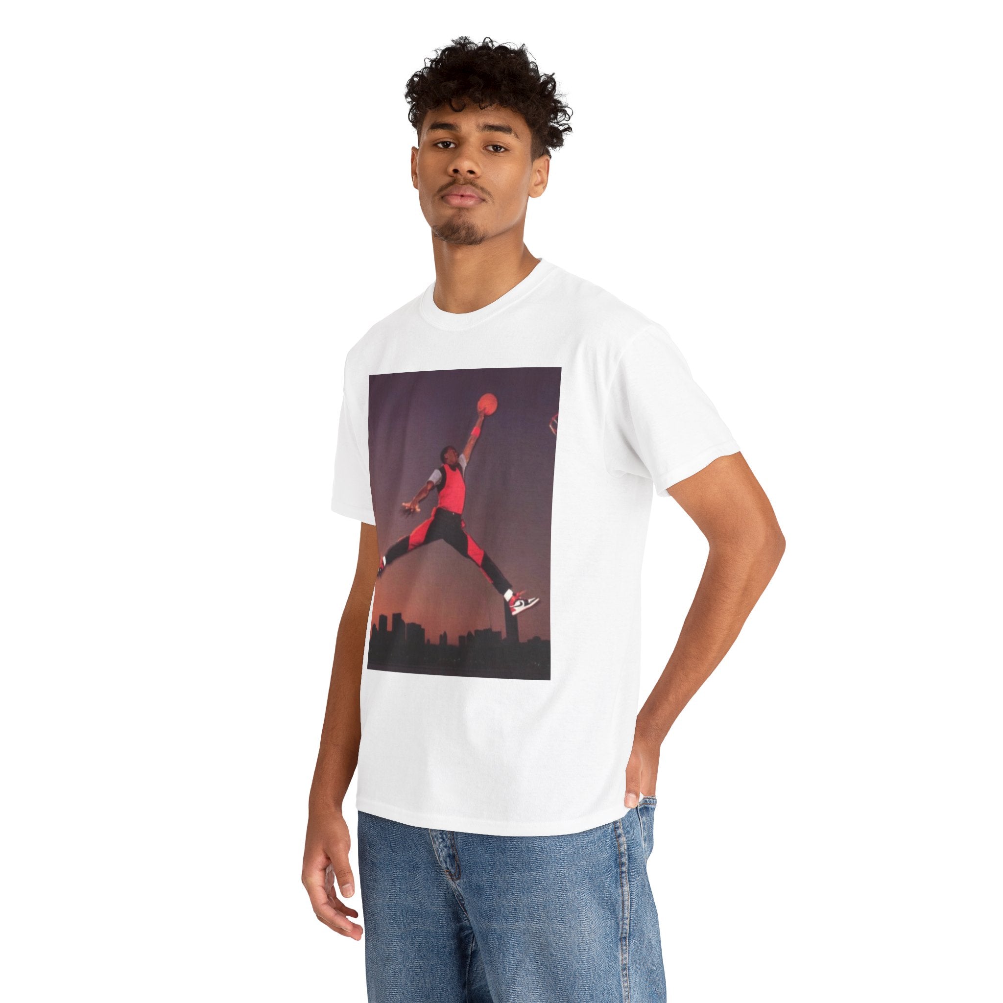 Basketball Jumpman Tee — Retro Skyline Graphic T-Shirt with Red Fist Back Emblem