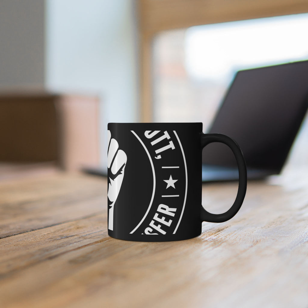 Solidarity Fist Mug — Black Coffee Cup with Raised Fist Design
