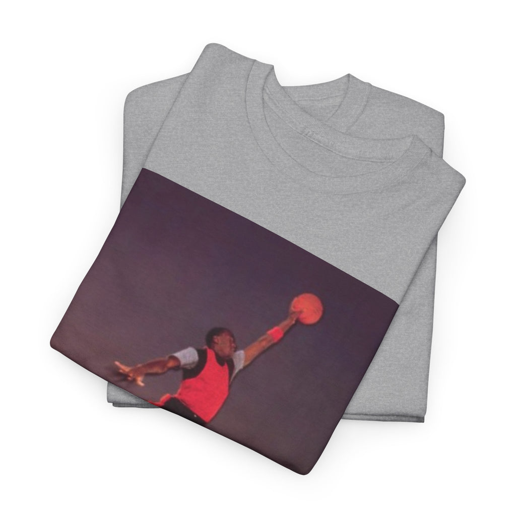 Basketball Jumpman Tee — Retro Skyline Graphic T-Shirt with Red Fist Back Emblem