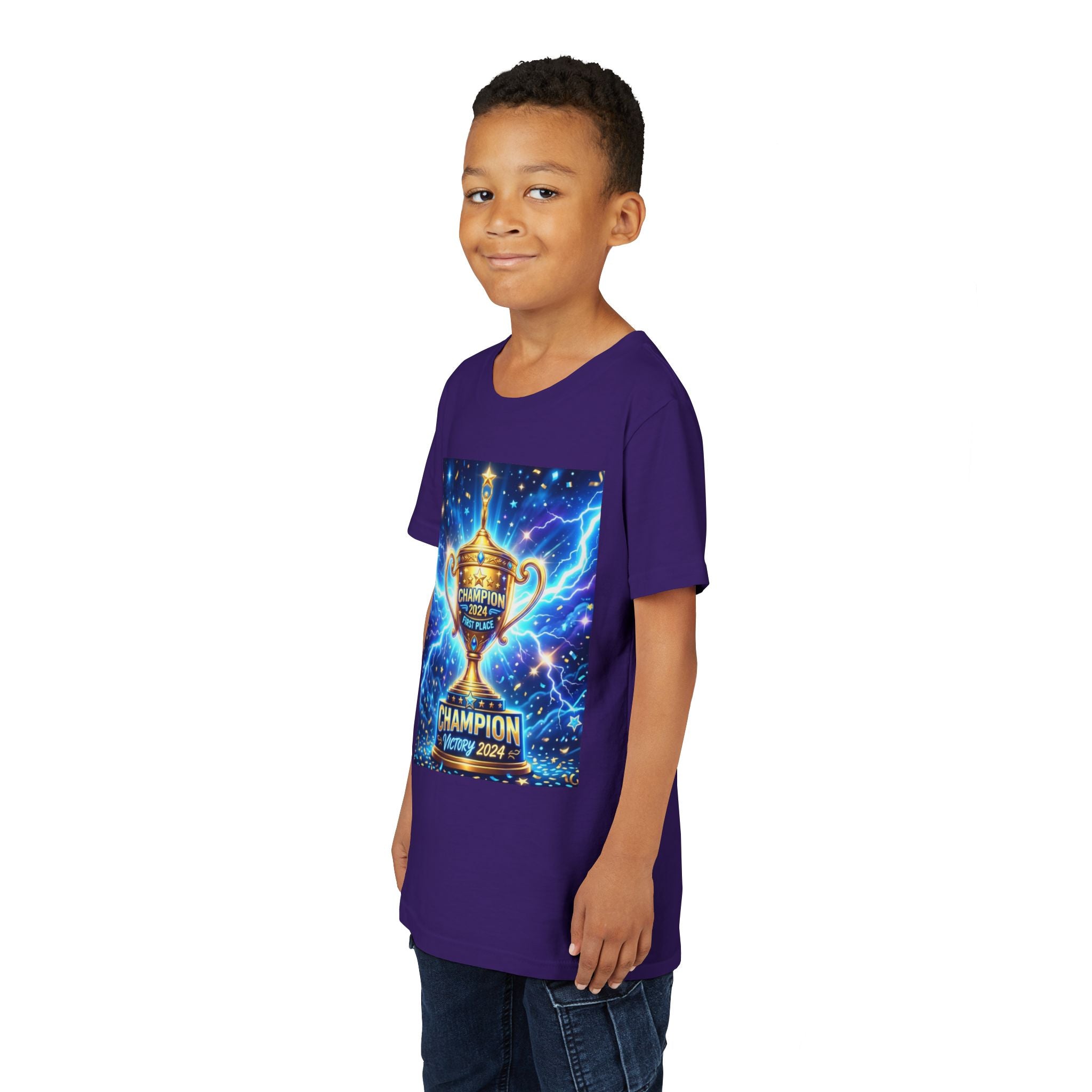 Youth Trophy Lightning Tee — Winning Kids' Short Sleeve Shirt with Stars & Confetti
