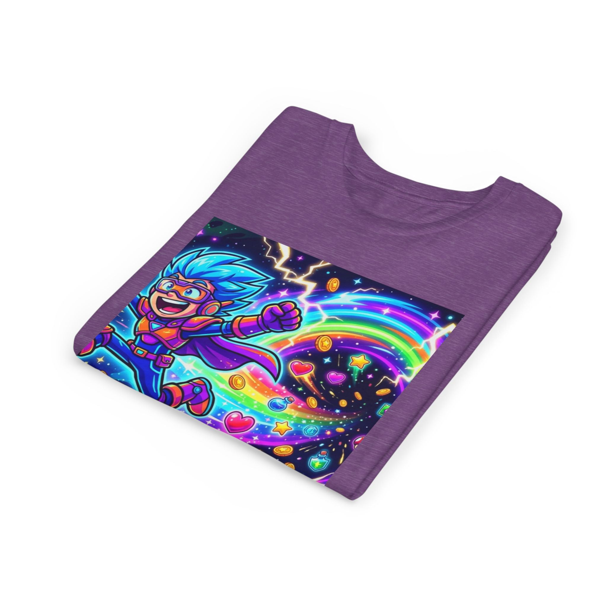 Retro Pixel Explosion Youth Tee — Smiling Avatar, Hearts, Gems & Controllers
