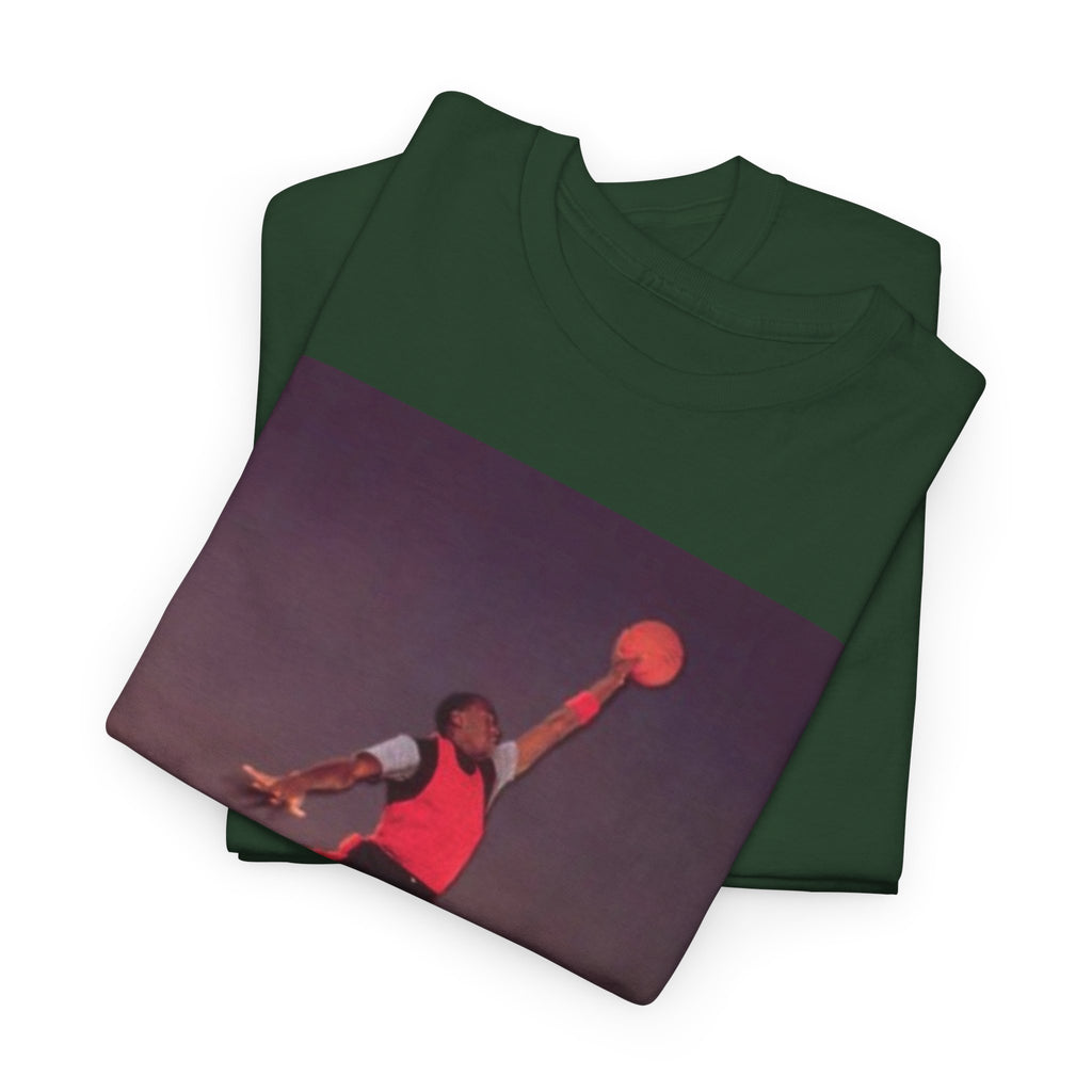 Basketball Jumpman Tee — Retro Skyline Graphic T-Shirt with Red Fist Back Emblem