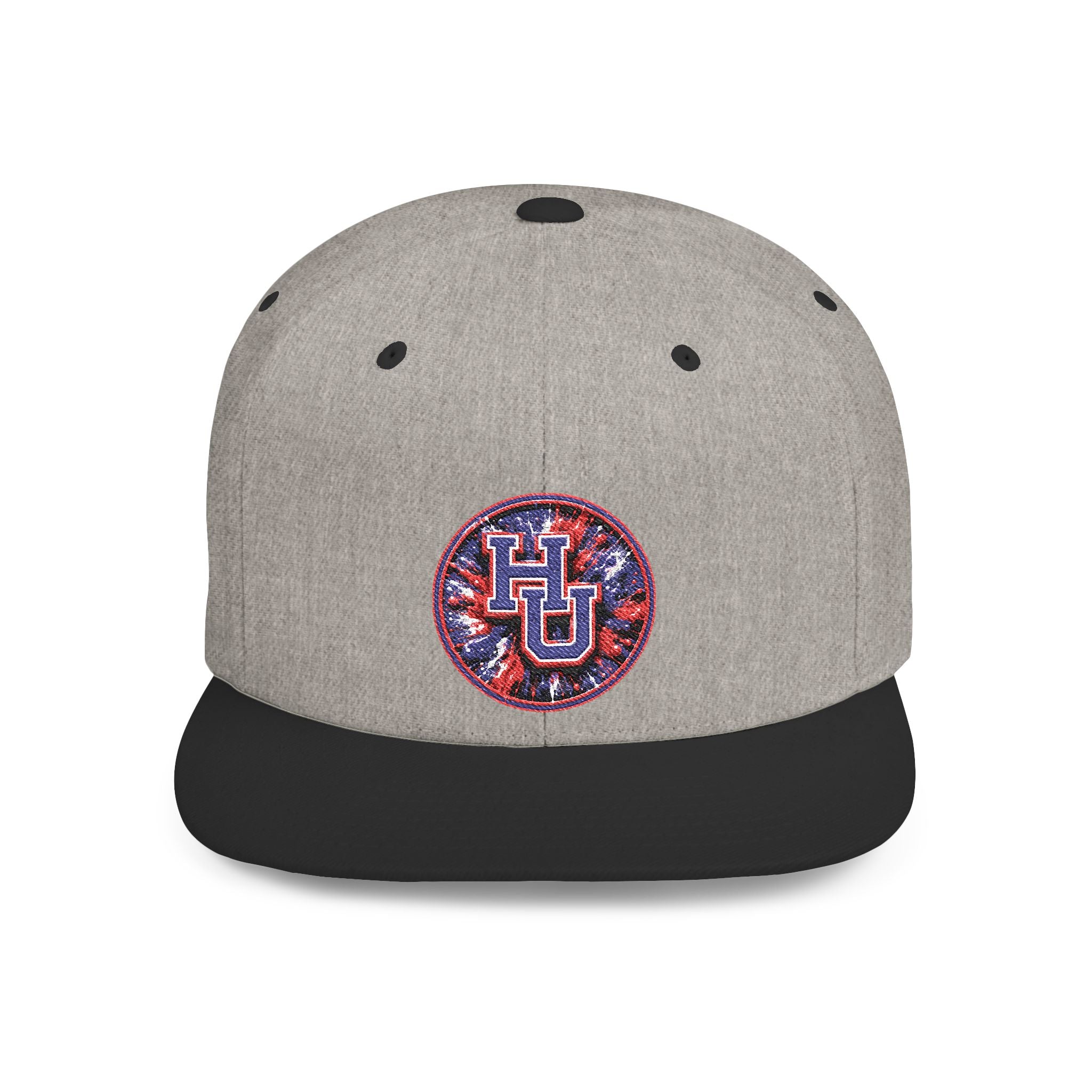 HU Logo Flat Bill Snapback Hat — Red & Blue Sequin Patch Cap