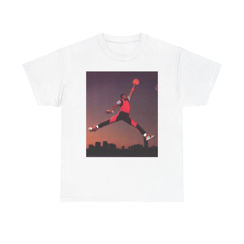 Basketball Jumpman Tee — Retro Skyline Graphic T-Shirt with Red Fist Back Emblem