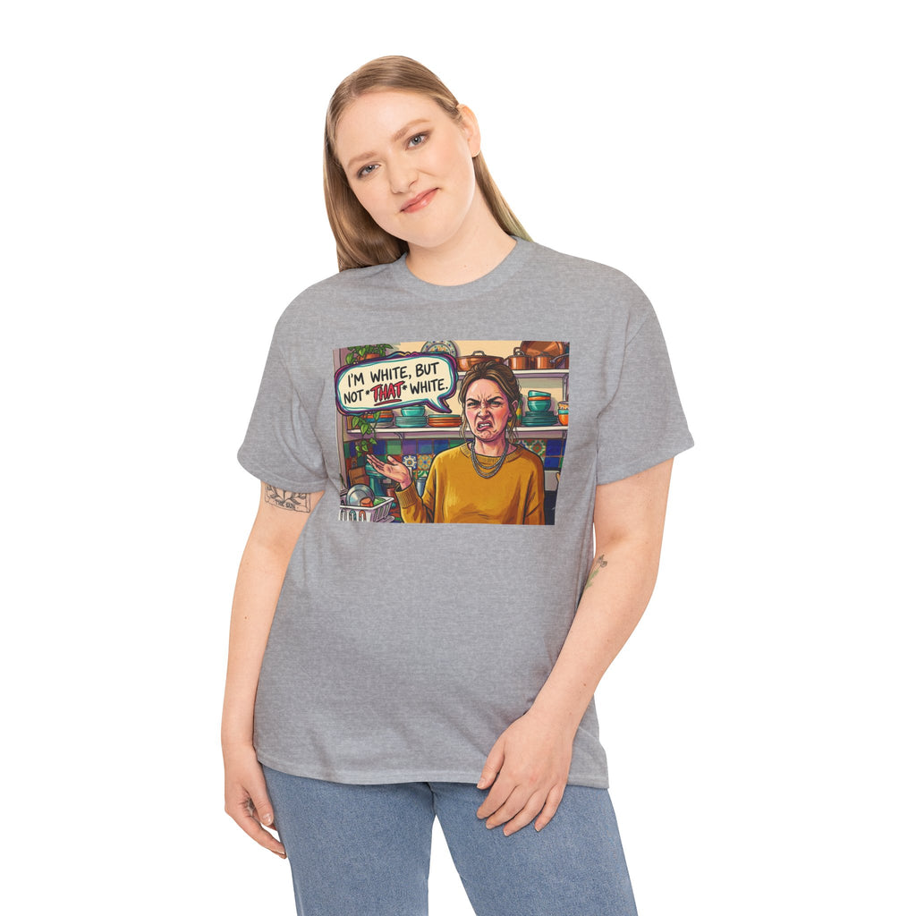 Graphic Tee — "I'm White, But Not THAT White" Illustration with Back Raised Fist Logo