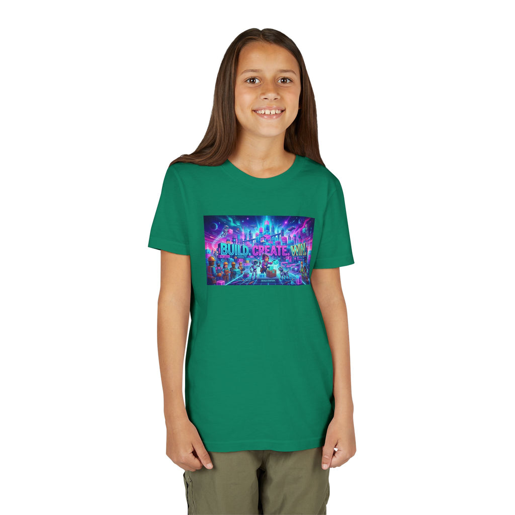 Youth Tee — “BUILD. CREATE. WIN.” Neon Builder City Design