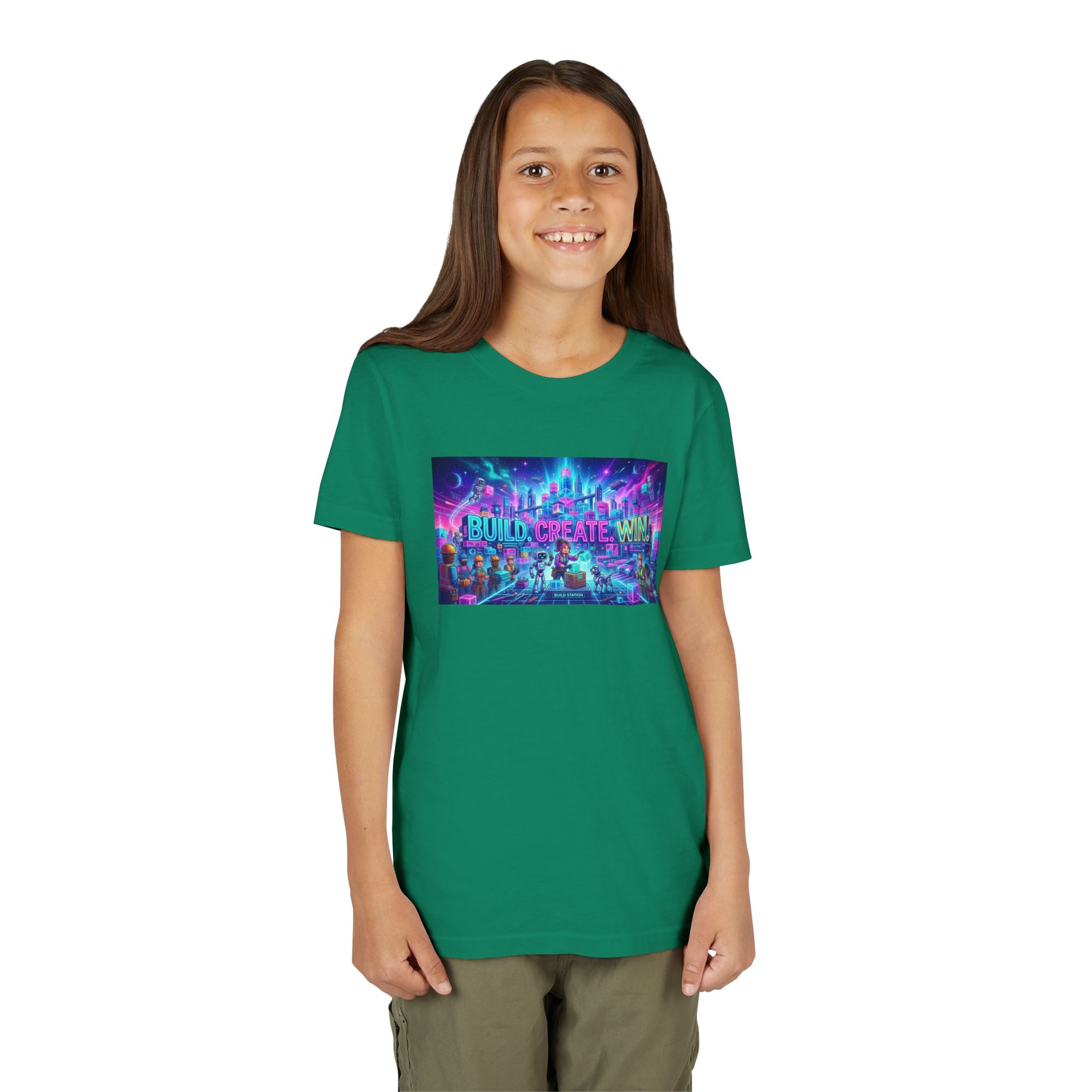 Youth Tee — “BUILD. CREATE. WIN.” Neon Builder City Design