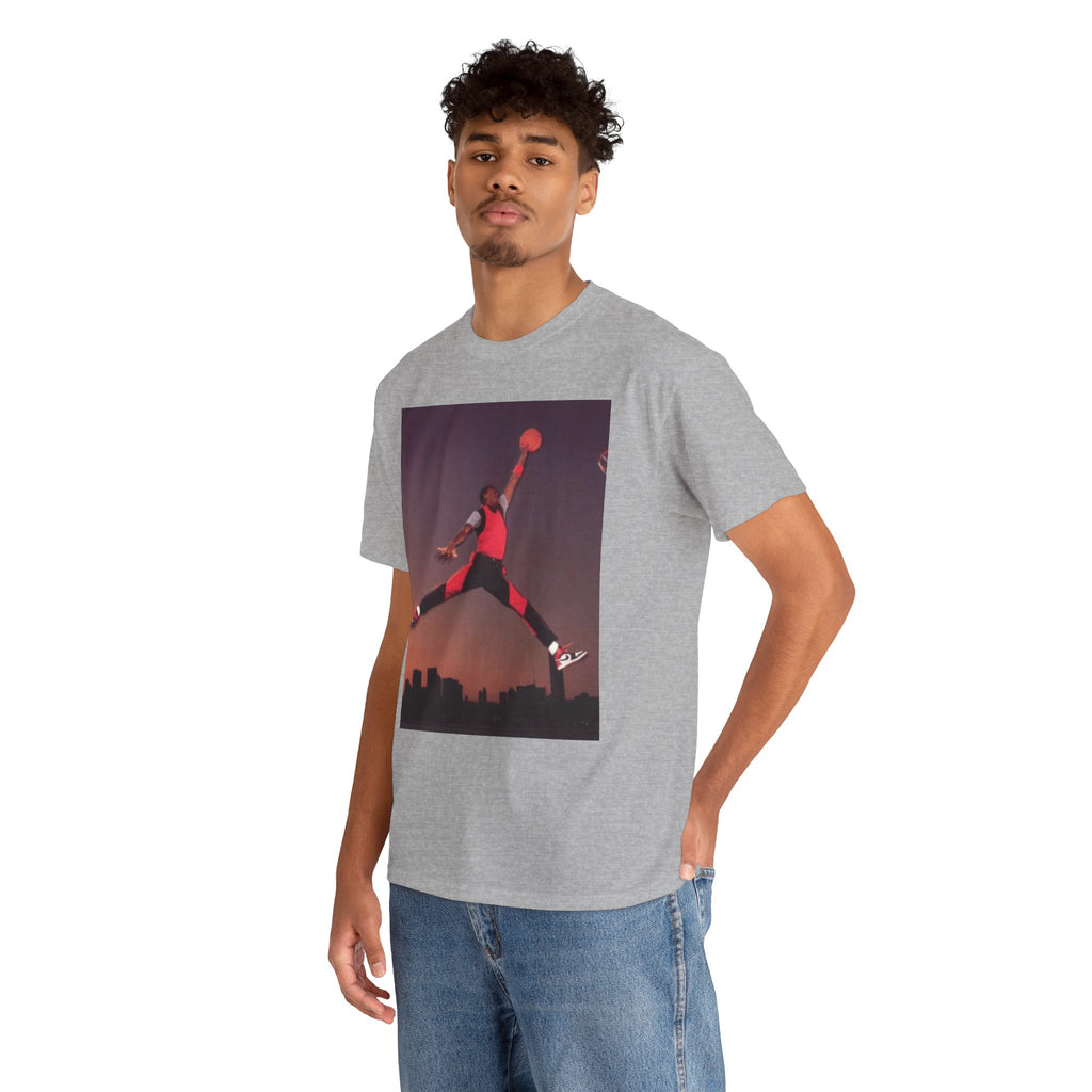 Basketball Jumpman Tee — Retro Skyline Graphic T-Shirt with Red Fist Back Emblem