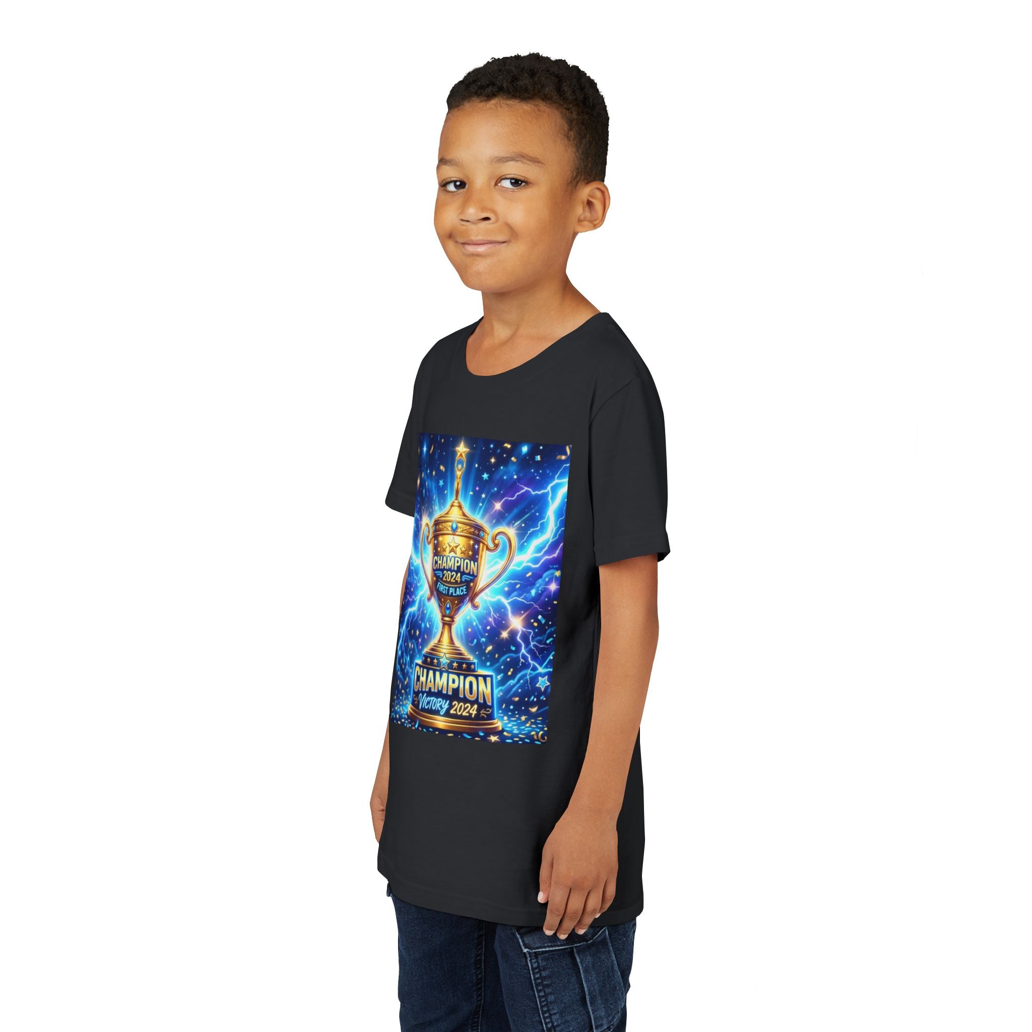 Youth Trophy Lightning Tee — Winning Kids' Short Sleeve Shirt with Stars & Confetti