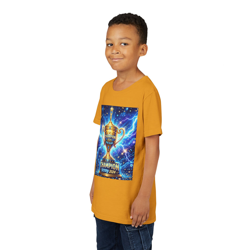 Youth Trophy Lightning Tee — Winning Kids' Short Sleeve Shirt with Stars & Confetti