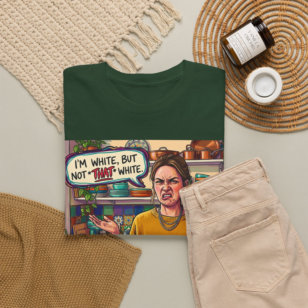 Graphic Tee — "I'm White, But Not THAT White" Illustration with Back Raised Fist Logo