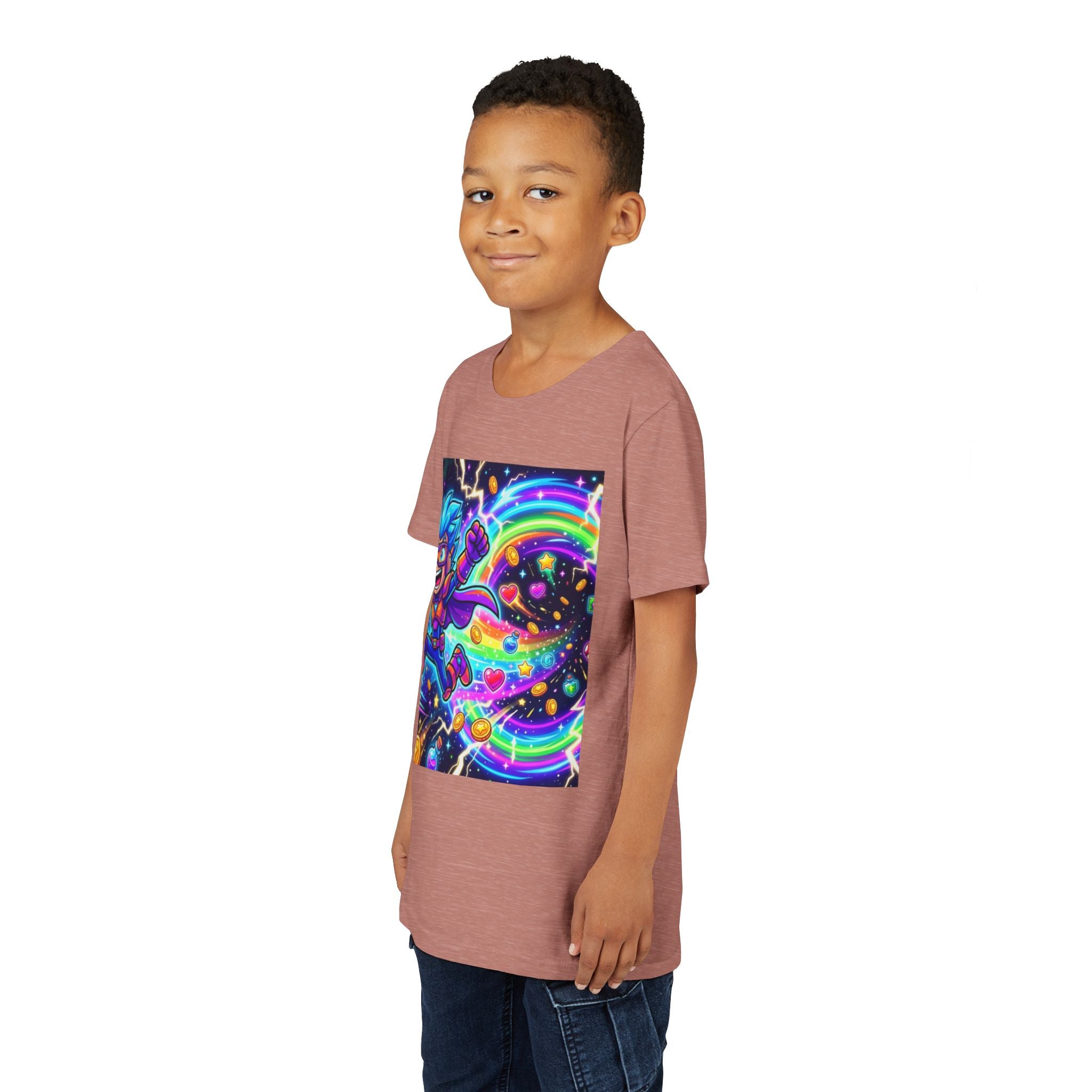 Retro Pixel Explosion Youth Tee — Smiling Avatar, Hearts, Gems & Controllers
