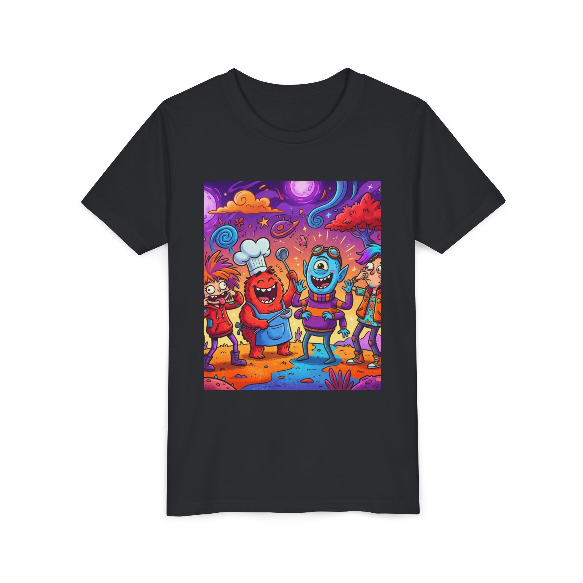 Funny Character Crew Youth Tee — Colorful Crazy Faces Graphic
