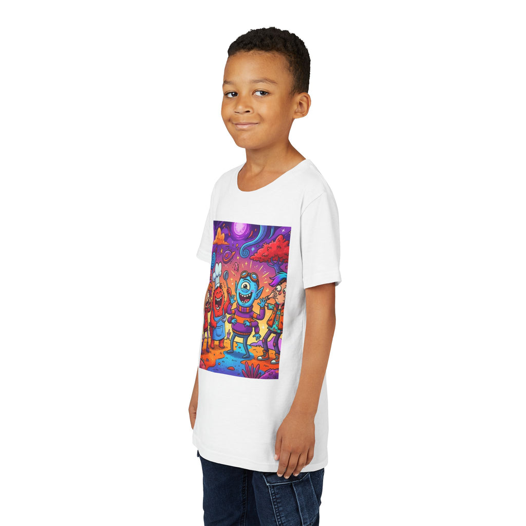 Funny Character Crew Youth Tee — Colorful Crazy Faces Graphic