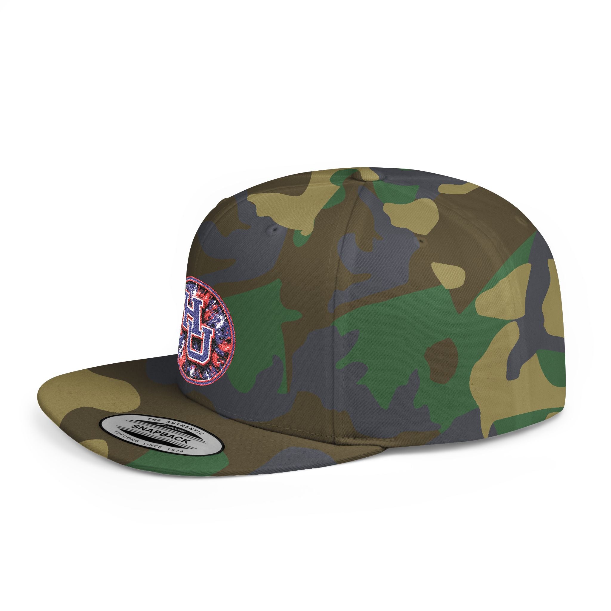 HU Logo Flat Bill Snapback Hat — Red & Blue Sequin Patch Cap
