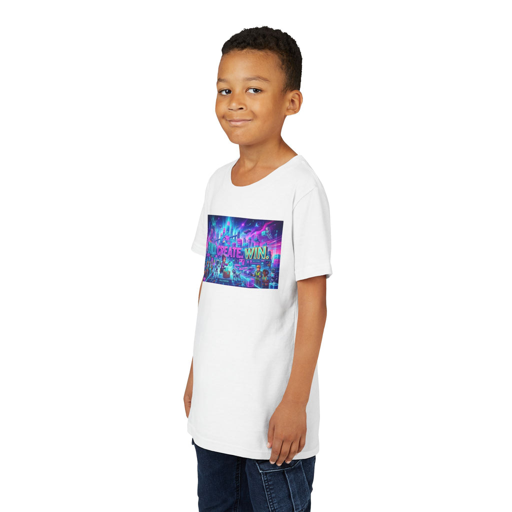 Youth Tee — “BUILD. CREATE. WIN.” Neon Builder City Design