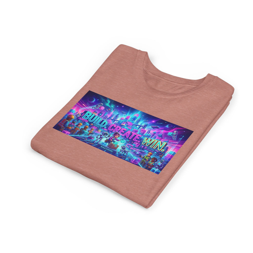 Youth Tee — “BUILD. CREATE. WIN.” Neon Builder City Design