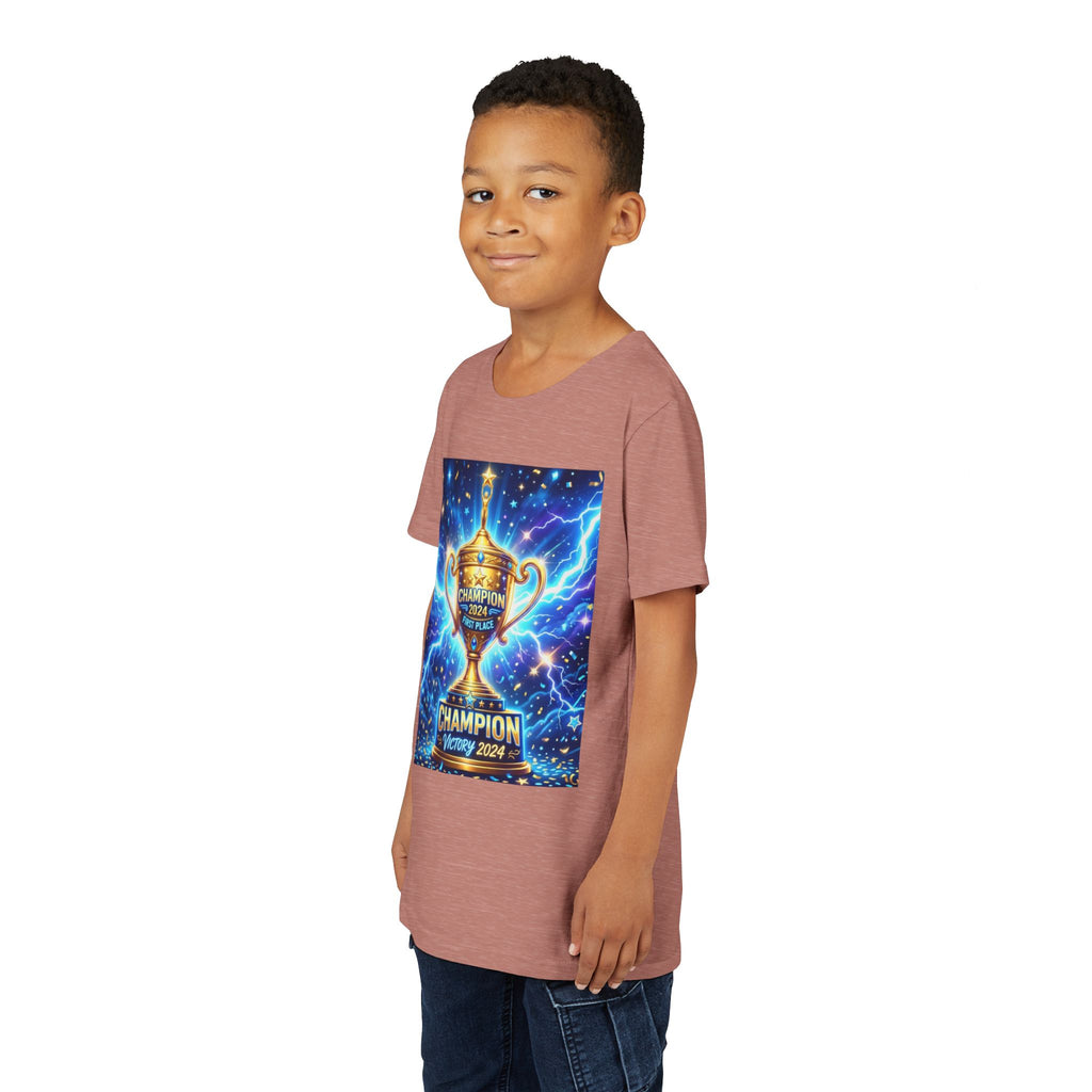 Youth Trophy Lightning Tee — Winning Kids' Short Sleeve Shirt with Stars & Confetti