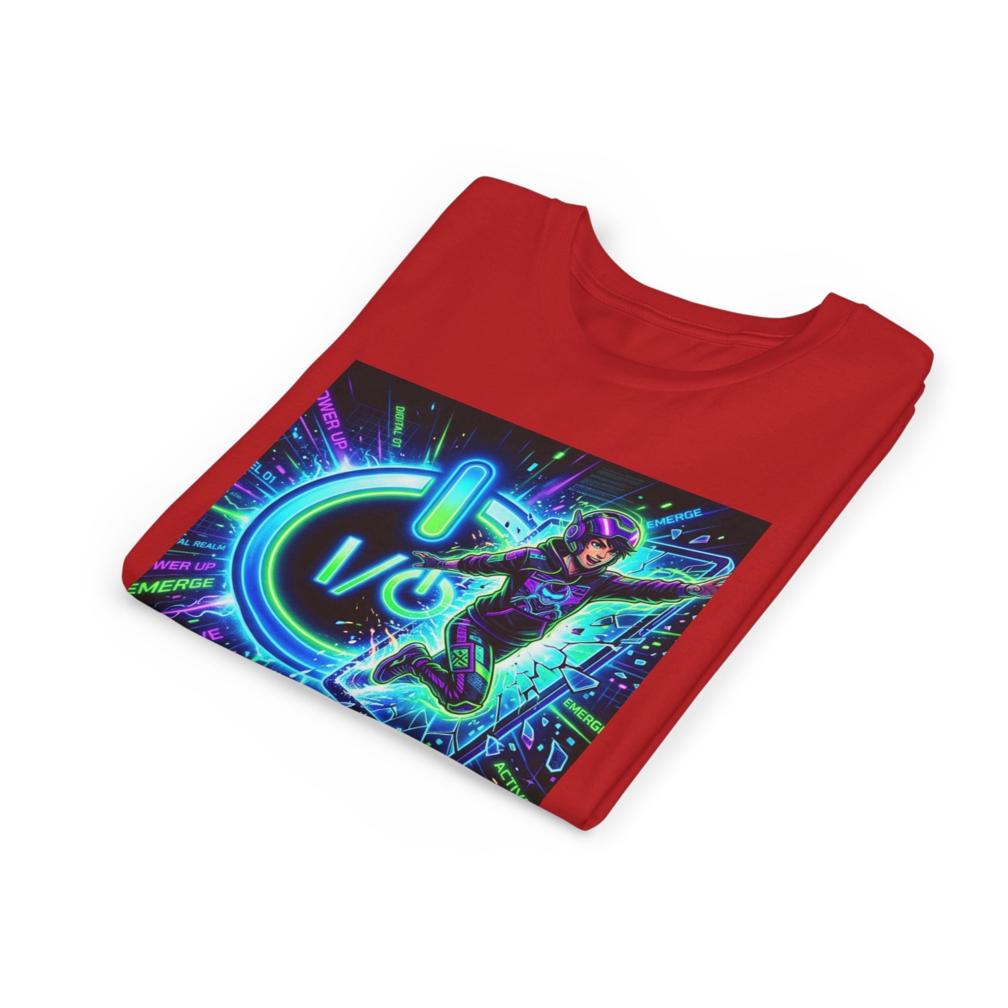 Neon Power Button Tee — Gamer Screen Escape Youth T-Shirt