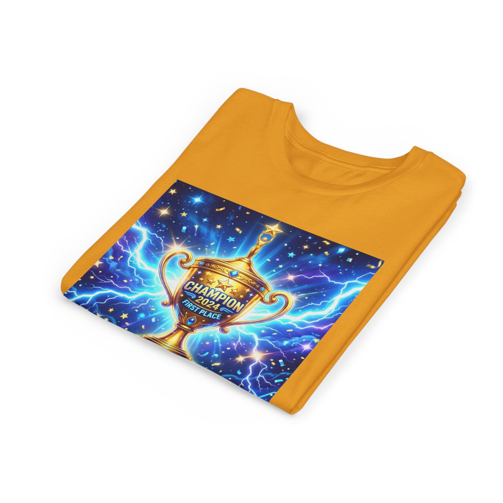 Youth Trophy Lightning Tee — Winning Kids' Short Sleeve Shirt with Stars & Confetti