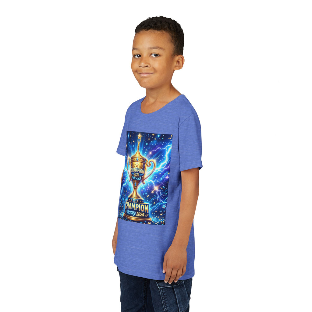 Youth Trophy Lightning Tee — Winning Kids' Short Sleeve Shirt with Stars & Confetti