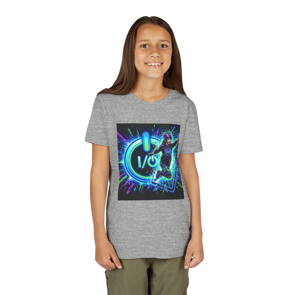 Neon Power Button Tee — Gamer Screen Escape Youth T-Shirt