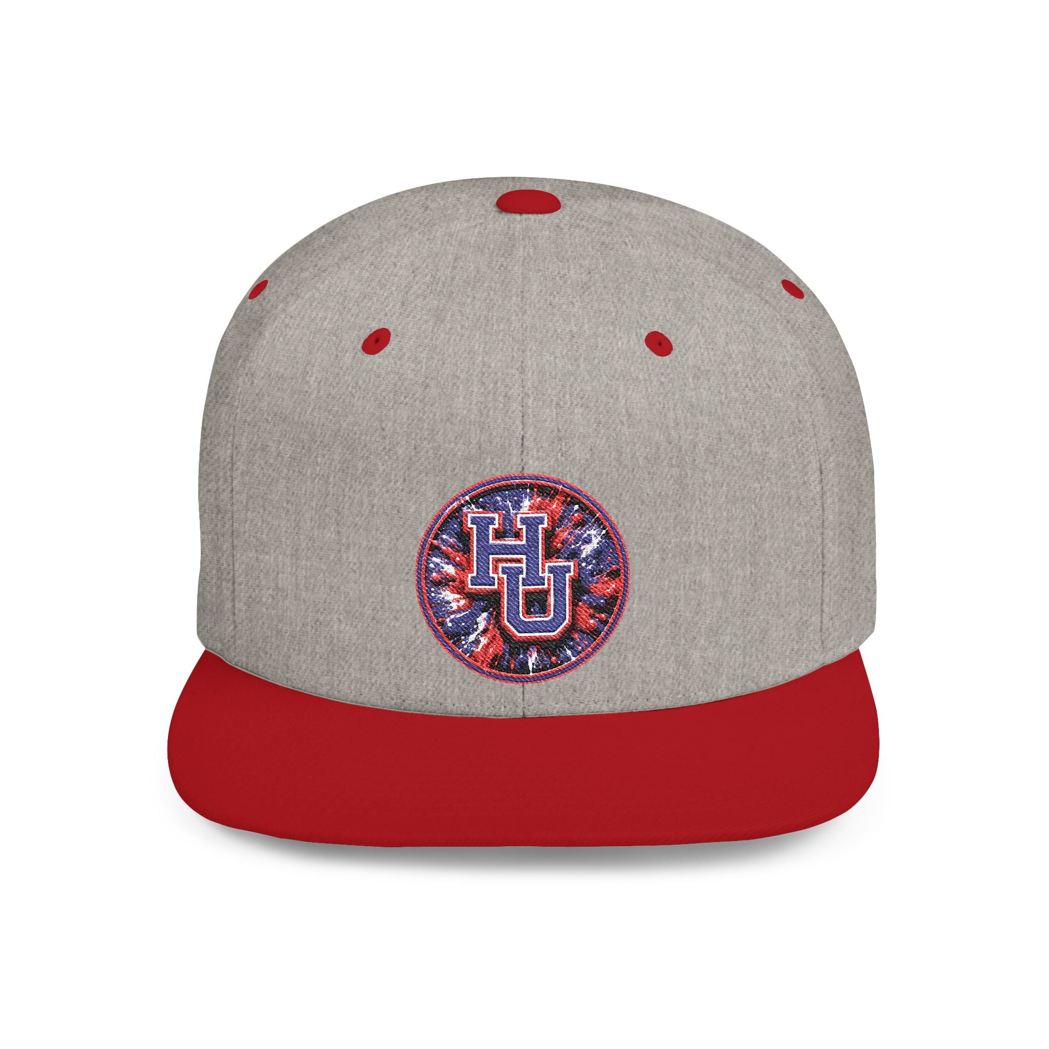 HU Logo Flat Bill Snapback Hat — Red & Blue Sequin Patch Cap