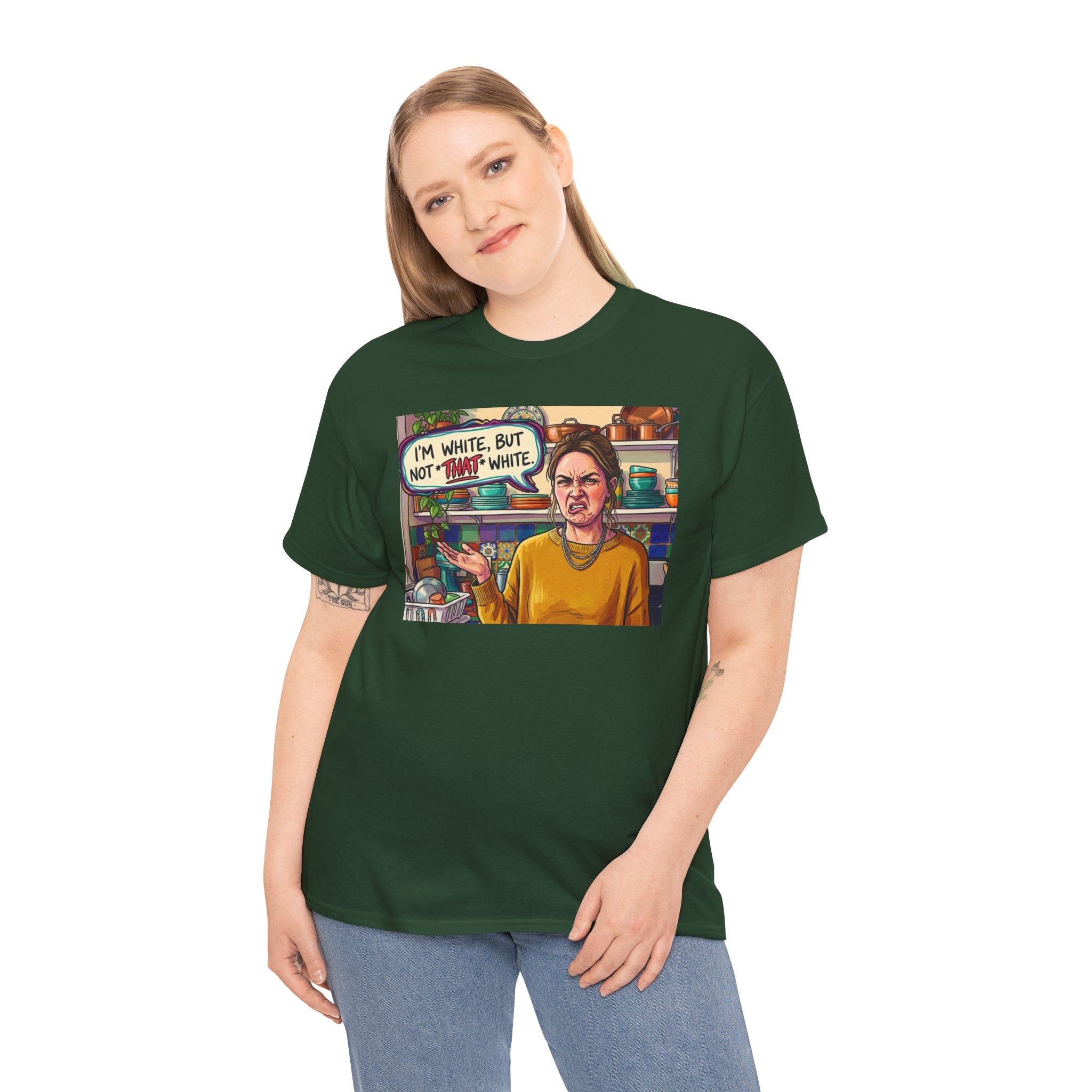 Graphic Tee — "I'm White, But Not THAT White" Illustration with Back Raised Fist Logo