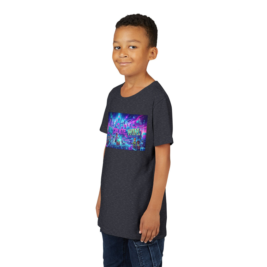 Youth Tee — “BUILD. CREATE. WIN.” Neon Builder City Design