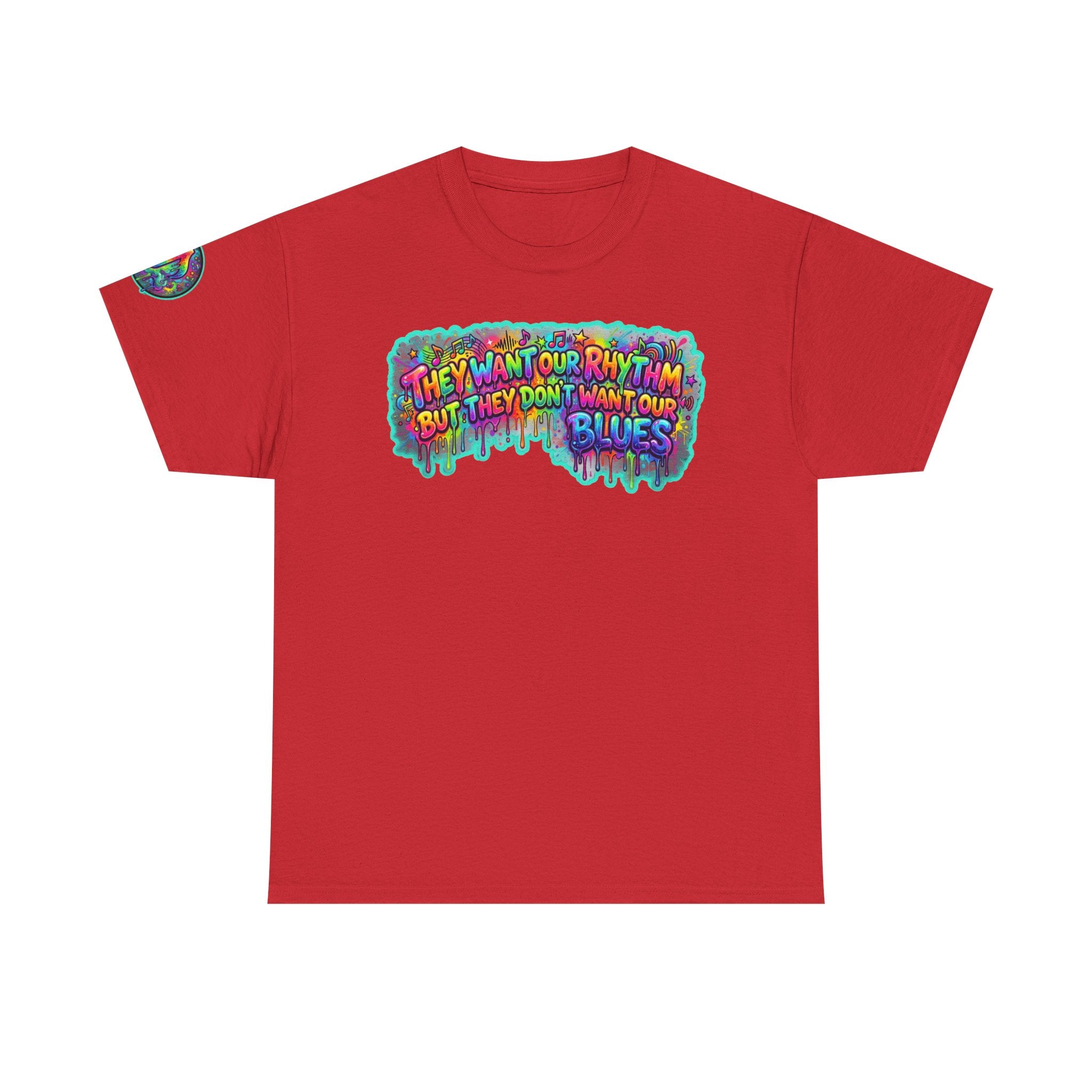 Music Vibes Tee — “They Want Our Rhythm But They Don’t Want Our Blues” Psychedelic Drip Note T-Shirt